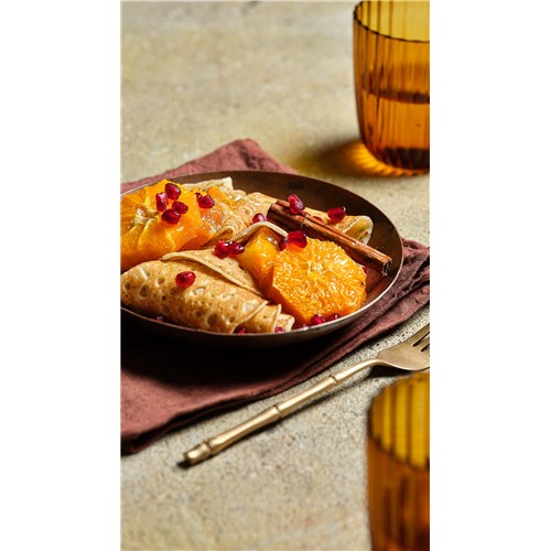 crepes with spiced baked orange and pomegranate COVER